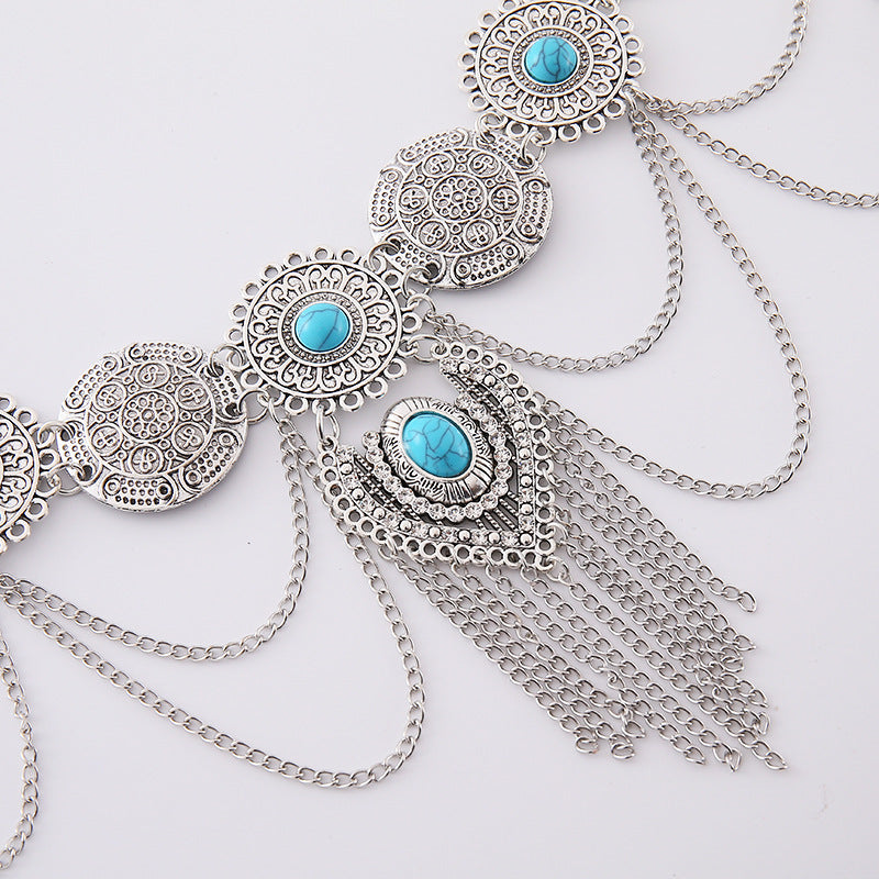 European and American Sexy Waist Decoration Ethnic Style Inlaid Turquoise Pendant Waist Chain Bohemian Alloy Coin Tassel Body Chain