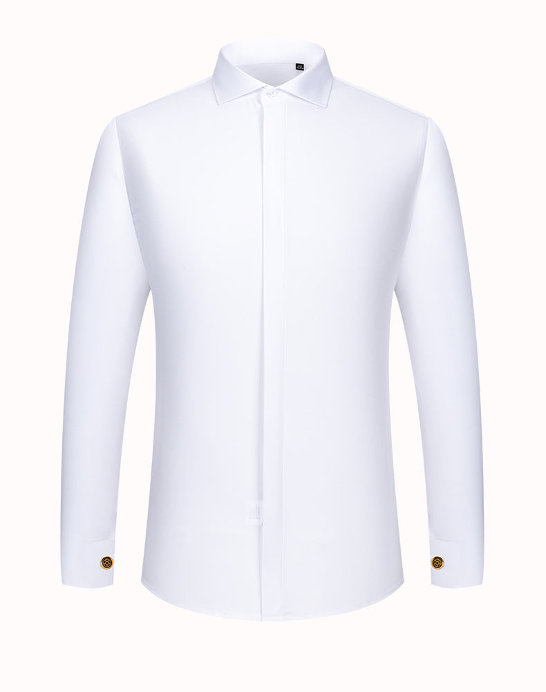 Men's French Cufflinks Shirt Men's Long-sleeved Windsor Collar Buckle Bamboo Fiber Double Stacked Sleeve Business Dress White Shirt