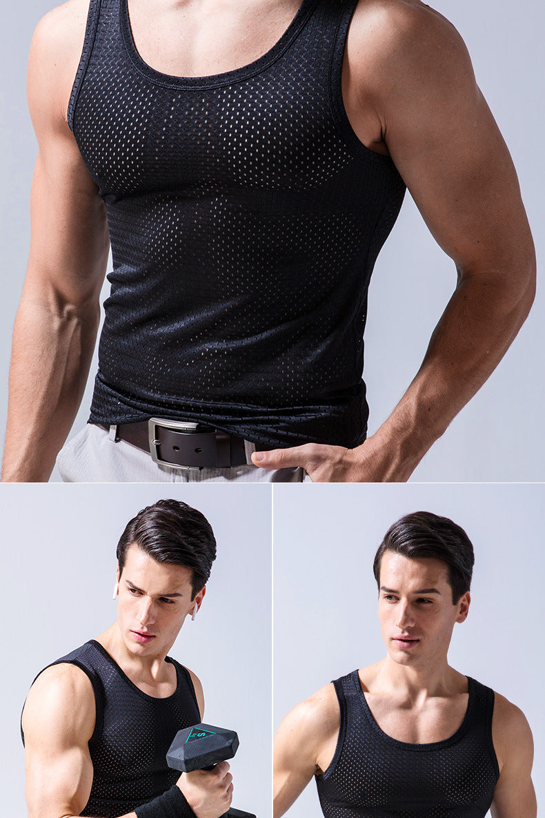 Ice Silk Mesh Vest Men's Summer Hollow Mesh Men's Sweatshirt Fitness Sports Thin Large Size Sleeveless T-shirt Trendy