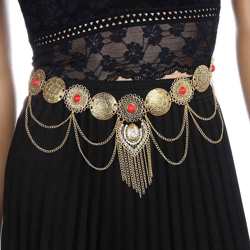 European and American Sexy Waist Decoration Ethnic Style Inlaid Turquoise Pendant Waist Chain Bohemian Alloy Coin Tassel Body Chain