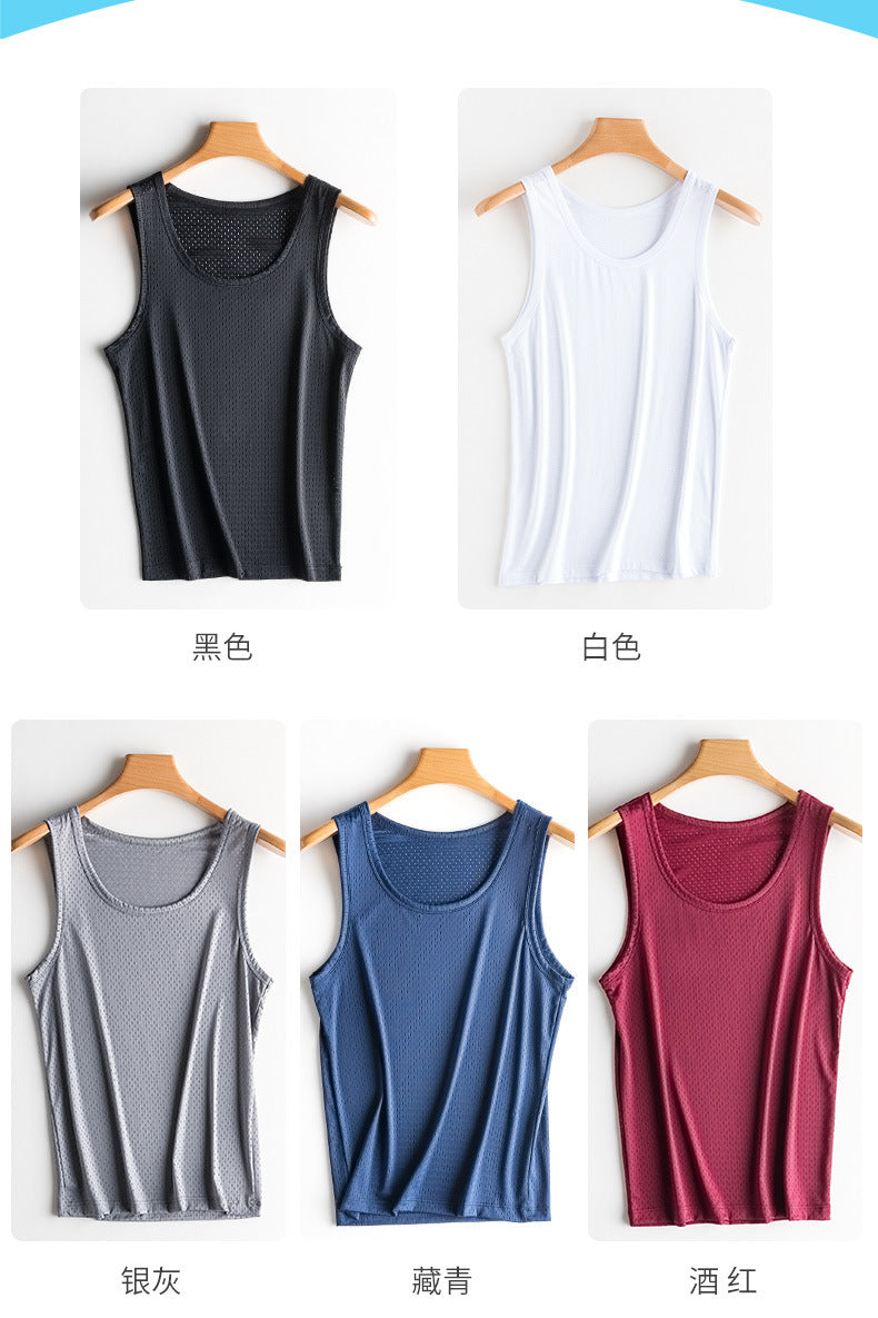 Ice Silk Mesh Vest Men's Summer Hollow Mesh Men's Sweatshirt Fitness Sports Thin Large Size Sleeveless T-shirt Trendy