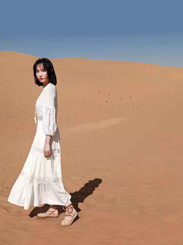 2024 Export New Product Elegant French Retro White Fairy Skirt Summer V-Neck Puff Sleeves Accessible Luxury and Western Style