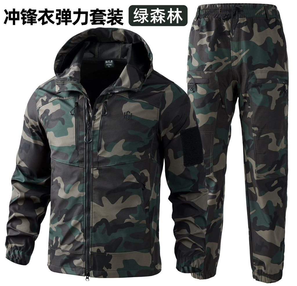 Outdoor assault clothing overalls suit men's spring and autumn elastic tooling labor protection clothing wear-resistant camouflage clothing hooded training clothing