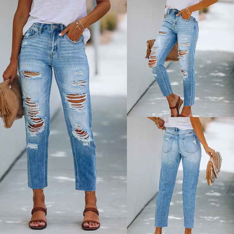 Cross-Border Export Jeans 2025 Summer Elegant Simple European and American Ripped Slimming Look Washed Denim Pants for Women