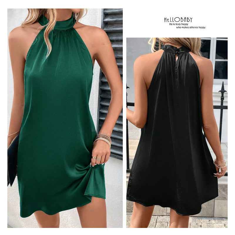 Sleeveless dress Satin Neck Mid-length dress Amazon Cross-border European and American Women's in stock