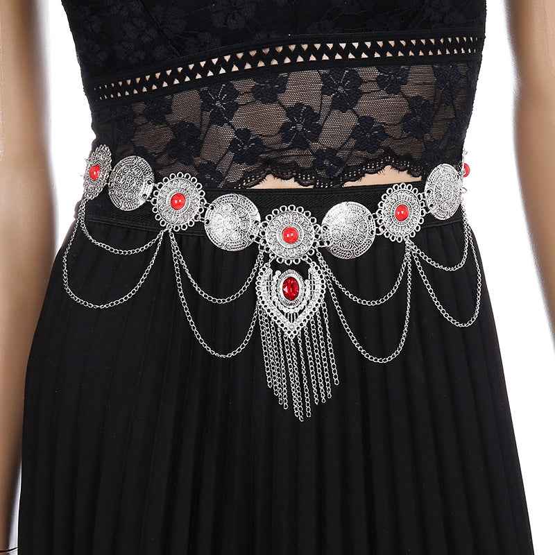 European and American Sexy Waist Decoration Ethnic Style Inlaid Turquoise Pendant Waist Chain Bohemian Alloy Coin Tassel Body Chain