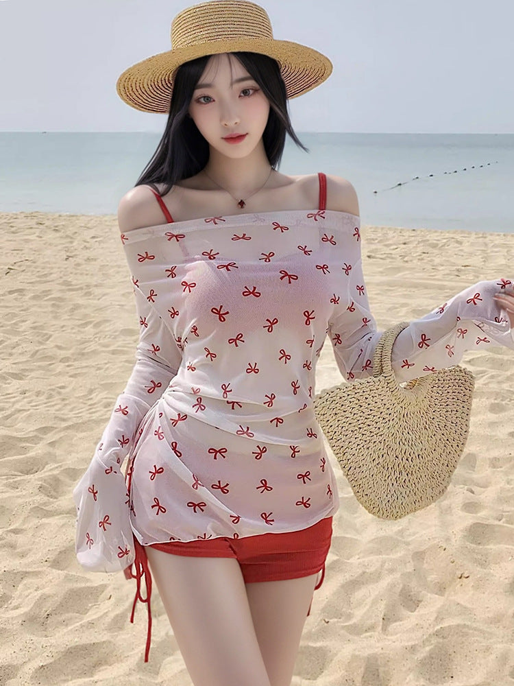 2025 New Swimwear Women's Sexy Pure Desire Spice Girl Elegant Long Sleeve Hanging Neck Blouse Bikini Split Strap Gather