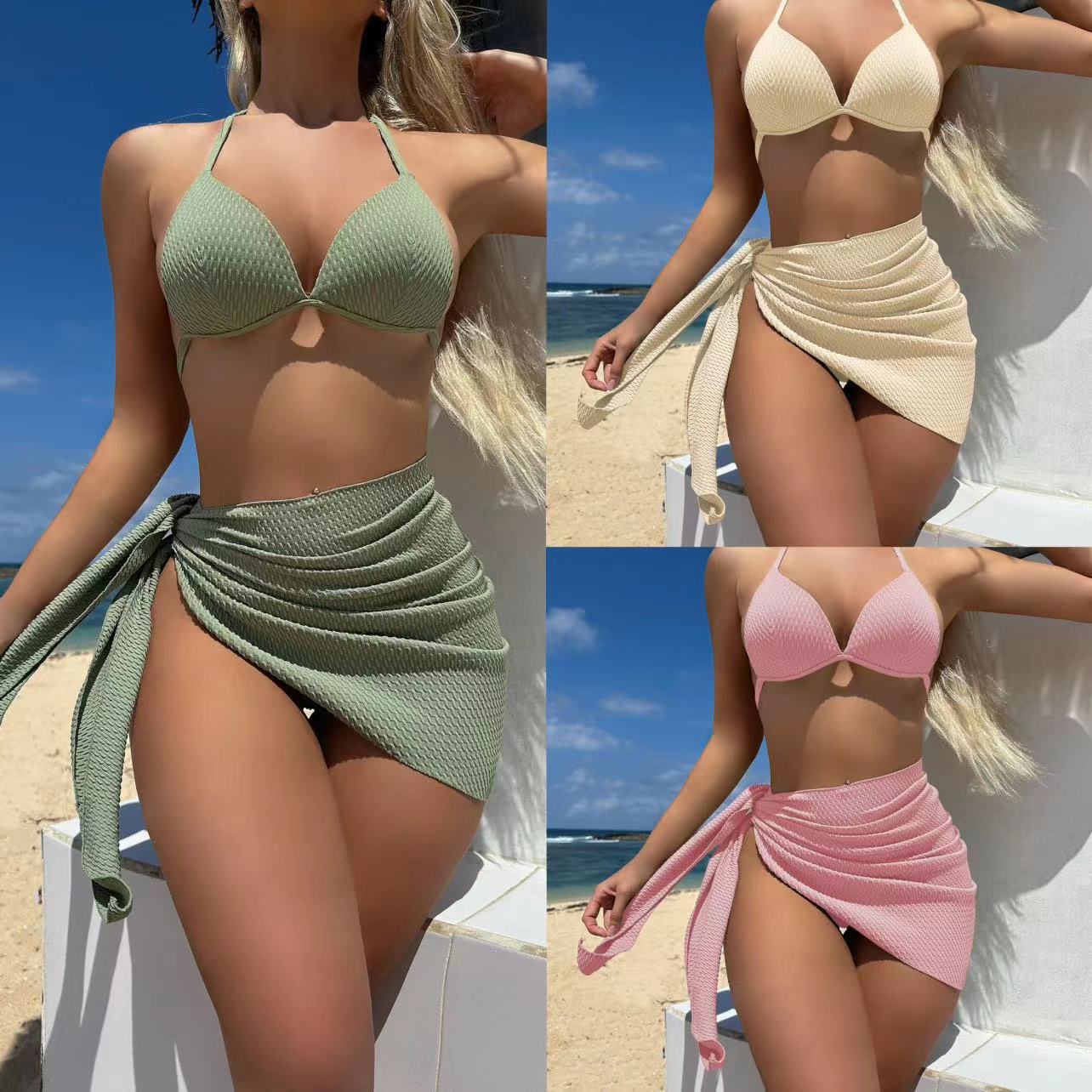 2025 European and American New Special Fabric High-Waist Sexy Sexy Swimsuit Bikini Three-Piece Swimsuit Swimsuit Cross