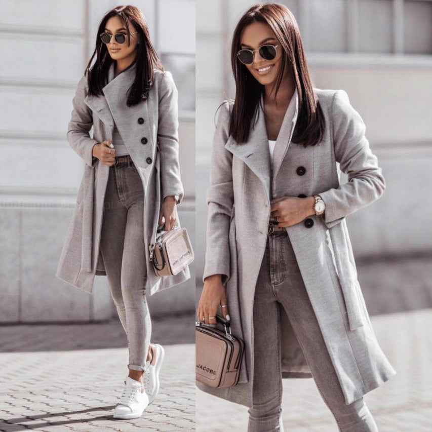 2026 Autumn/Winter European and American New Cross-Border Women's Clothing Amazon Woolen Coat Solid Color Tie-Up Mid-Length Woolen Jacket