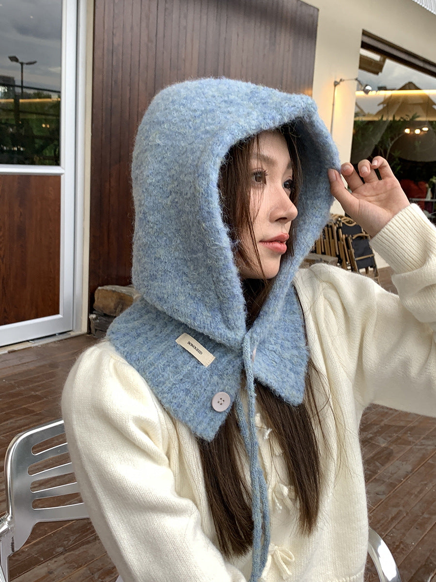 Balaclava Hat New Women's Winter Face-Show Small Ear Protection Neck Integrated Warm Knitted Roll Wool Hat