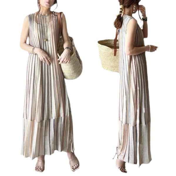 In-Stock Japanese Style 2026 Summer New Striped Color-Blocked Knitted Sleeveless Round-Neck Jacquard Knit Dress