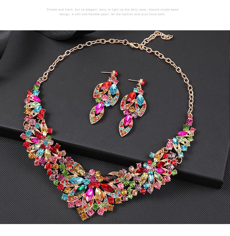 European and American cross-border retro necklace suit women's 2-Piece Set leaves flowers exaggerated luxury jewelry New Bride wedding accessories