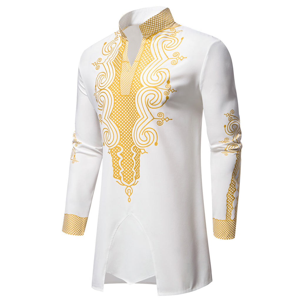 Cross-Border European and American Men's Fashion New Style Robe with Gold Stamping Print Men's Casual Suit Long-Sleeve Shirt and Long Pants for Men