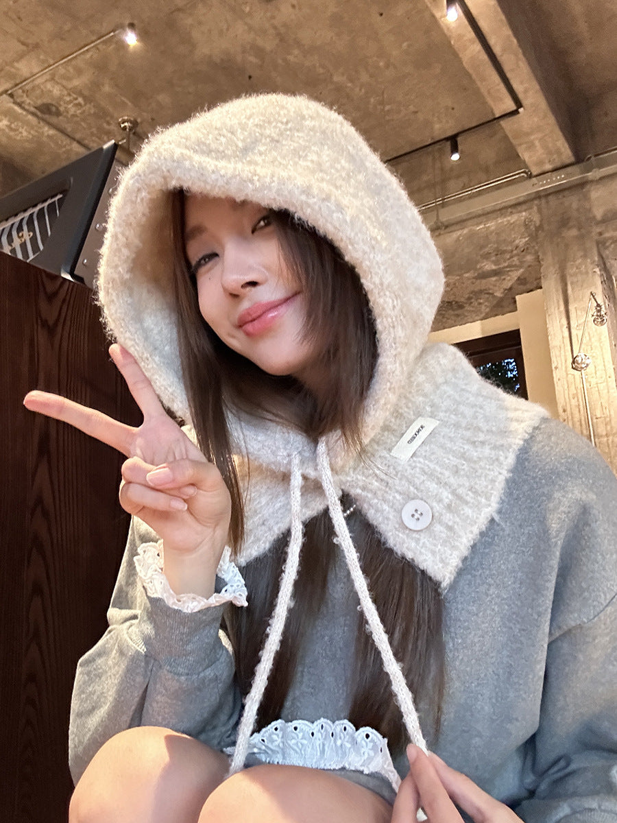 Balaclava Hat New Women's Winter Face-Show Small Ear Protection Neck Integrated Warm Knitted Roll Wool Hat