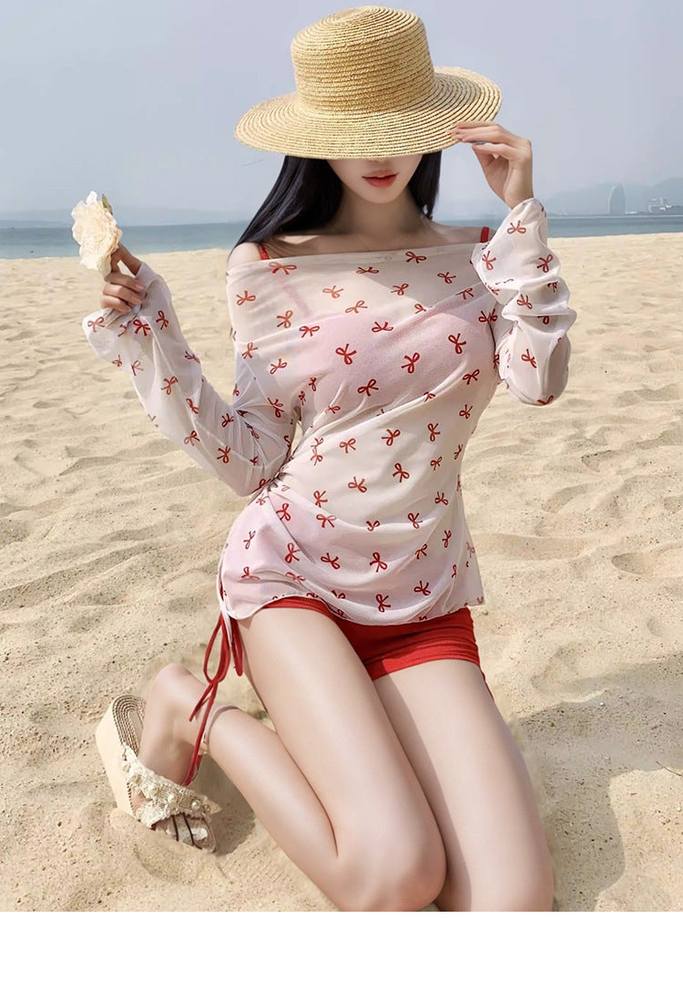 2025 New Swimwear Women's Sexy Pure Desire Spice Girl Elegant Long Sleeve Hanging Neck Blouse Bikini Split Strap Gather