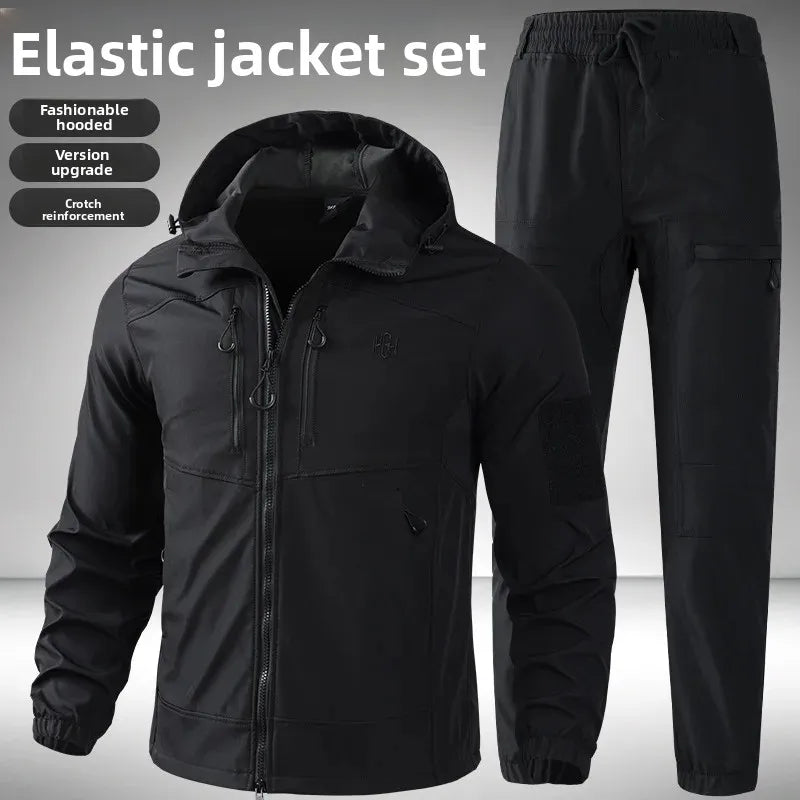 Men's Outdoor Workwear Camouflage Skin Jacket Set Spring Autumn Elastic Wear Resistant Training Clothes with Hood for Climbing