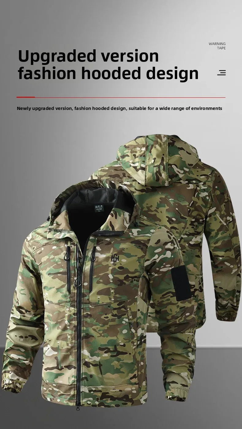 Men's Outdoor Workwear Camouflage Skin Jacket Set Spring Autumn Elastic Wear Resistant Training Clothes with Hood for Climbing